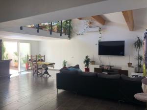 un salon avec un canapé et une télévision à écran plat dans l'établissement Maison de village avec patio, à Bessan