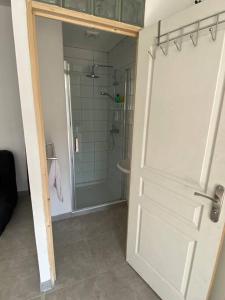 uma casa de banho com um chuveiro e uma porta de vidro em Loue studio meublée les Abrets en Dauphiné 38 em Les Abrets