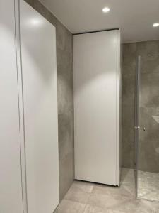 a bathroom with a shower and a glass door at Vervet apartment in Tromsø