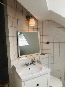 a bathroom with a white sink and a mirror at Glashüttchen mit 2 Schlafzimmern, Sauna und schönem Garten in Annahütte