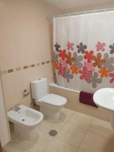 a bathroom with a toilet and a shower curtain at paraiso soleado in Tazacorte +33 photos