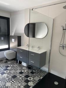 uma casa de banho com um lavatório, um WC e um espelho. em La résidence du Franc Palais 2 em Joué-lés-Tours