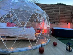 a bed in a plastic igloo with some apples in it at Bulle insolite Fréjus in Fréjus