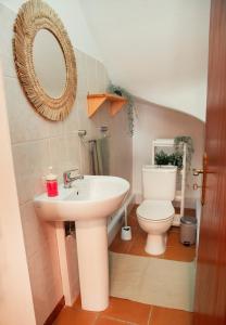 La salle de bains est pourvue d'un lavabo et de toilettes. dans l'établissement Casa da Igreja, à Ponte da Barca