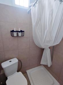 a bathroom with a toilet and a shower curtain at Cozy Seaview Apartment in Siviri +57 photos
