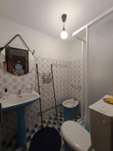 a bathroom with a sink and a toilet and a mirror at Casa Terreiro Da Lapa 
