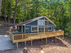 a green house with a large deck in the woods at Forest Ridge Cabin - Hot Tub, Wi-Fi, National Park 15 Min, Fire Pit in Elkton