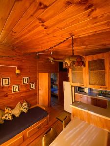a room with a bed and a kitchen in a cabin at Rancho el Chilcal Cabañas con vista al rio in San Alfonso