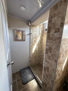 baño con ducha y puerta de cristal en Hostal Casa Jardin Cartagena en Cartagena de Indias