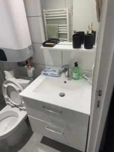 アルジャントゥイユにあるParis La Défense Arena, Stade de France, Champs Élysée Paris saint lazare, 15minの白い洗面台とトイレのあるバスルーム +7枚の写真