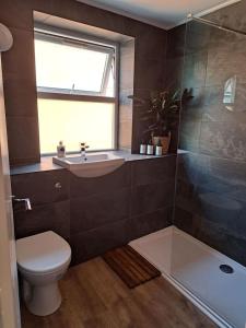a bathroom with a toilet and a sink and a window at Modern city house in Southampton