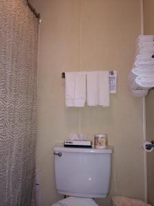 a bathroom with a toilet with towels on the wall at Motel de la Pente Douce in Magog-Orford