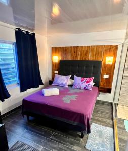 1 dormitorio con cama con sábanas moradas y almohadas rosas en Miki Miki House en Fare