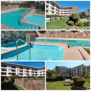 un collage de cuatro fotos de una piscina en Departamento Reñaca Park, en Viña del Mar