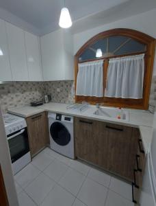 una cucina con lavandino e lavatrice di Andre House a Mesimvría