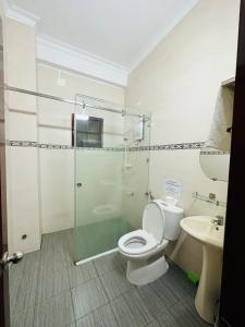 a bathroom with a shower and a toilet and a sink at Kh&aacute;ch sạn Mekong Star in Vĩnh Long