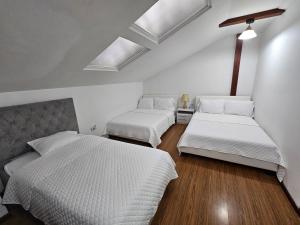 1 dormitorio con 2 camas y tragaluz en Hosteria Santa Ana, en Azogues