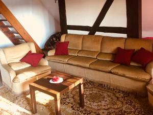 a living room with a couch and a coffee table at Stylish house in the countryside 5 km from the sea in Darłowo