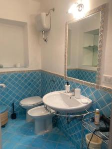 ein Badezimmer mit einem Waschbecken, einem WC und einem Spiegel in der Unterkunft Il Nespolo Casa Vacanze a due passi dal mare in Olbia