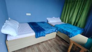 2 camas individuais num quarto com uma parede azul em Prakriti Homestay em Mangpu