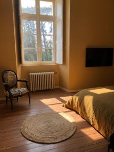 ein Schlafzimmer mit einem Bett, einem Stuhl und einem TV in der Unterkunft Domaine de La Mazure in La Chapelle-Basse-Mer