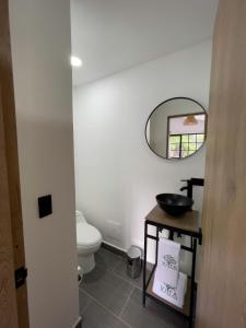 a bathroom with a toilet and a mirror at Vita Hotel Boutique in Medellín