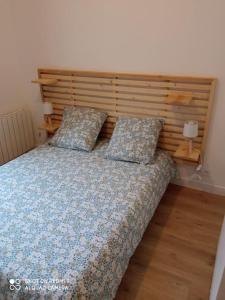 a bedroom with a large bed with two pillows at Appartement RDC in Cherbourg en Cotentin