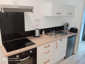 a small kitchen with a sink and a stove at Appartement RDC in Cherbourg en Cotentin