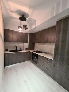 a kitchen with gray cabinets and a sink and a ceiling at Studio 1 camera in Bucharest
