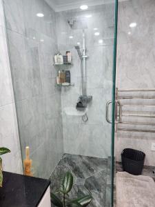 a shower with a glass door in a bathroom at Bed & Breakfast @ Unsworth Heights Albany in Auckland