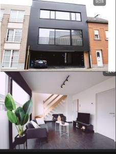 two views of a living room in a house at K&Y suites 1,Brussels airport 500m in Zaventem