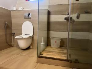 La salle de bains est pourvue de toilettes et d'une cabine de douche en verre. dans l'établissement Wild root stay- Orchid Chalet, à Vythiri
