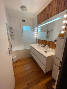 a bathroom with a sink and a bath tub and a mirror at Large Riverside Chalet Near Gorges du Verdon in La Bastide