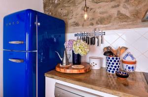 a kitchen counter with a blue refrigerator and utensils at Casa Luz in Nordeste