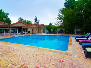 a large swimming pool with lounge chairs in front of a building at Paşa Restaurant & Pansiyon in Kemer