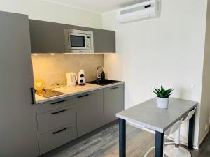 a small kitchen with a sink and a microwave at Apartement Aisa in Pärnu