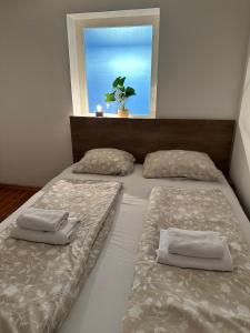 sypialnia z 2 łóżkami z poduszkami i oknem w obiekcie Apartment 960 w Koprze