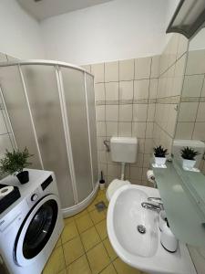W łazience znajduje się pralka i umywalka. w obiekcie Apartment 960 w Koprze