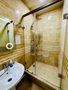 ein Bad mit einem Waschbecken und einer Glasdusche in der Unterkunft Liel in Tbilisi City