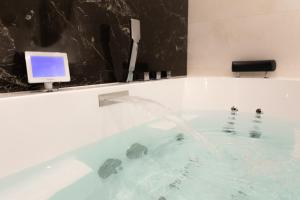 a bathtub with a tv and turtles in it at Suite Montrachet 4 personnes vue cathédrale 1 Place de parking in Dijon