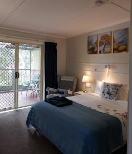 ein Hotelzimmer mit einem Bett und einem Balkon in der Unterkunft Donald Riverside Motel in Donald