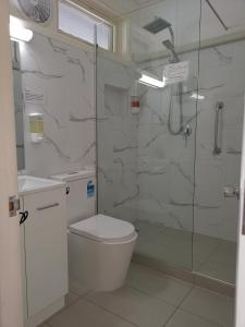 a bathroom with a shower and a toilet and a sink at Donald Riverside Motel in Donald