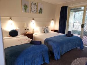 Habitación de hotel con 2 camas con sábanas azules en Donald Riverside Motel, en Donald