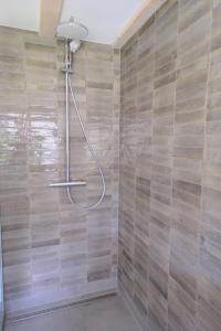 a shower in a bathroom with a tile wall at Gutshaus FeWo Lübeck in Dassow +22 photos
