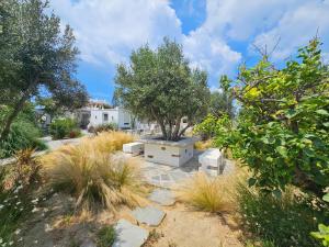 einen Garten mit weißen Bänken und einem Baum in der Unterkunft Sunlight Naxos in Naxos Chora