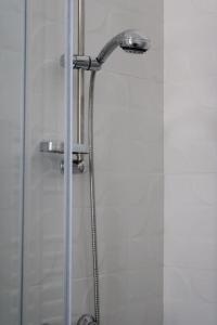 a shower with a glass door with a shower head at Maison Leon in Baranzate