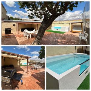 un collage de fotos con una piscina y una casa en Casa rural cerca Tarancón-Cuenca, en Saelices