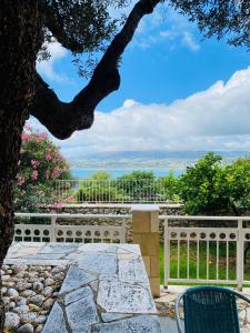 a table and a chair under a tree next to a fence at Apartments Marina House in Fársa