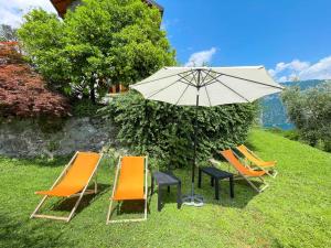 grupa krzeseł i parasol w trawie w obiekcie Appartamento Tivano balcone con vista lago w mieście Bellagio