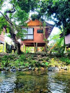una casa junto a un río con un edificio en Malulee KhaoSok Resort en Khao Sok